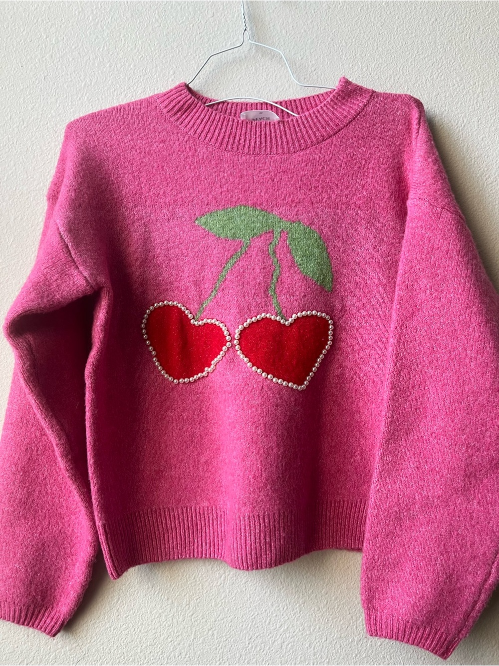 Pink Cherry Heart Embellished Crewneck Sweater